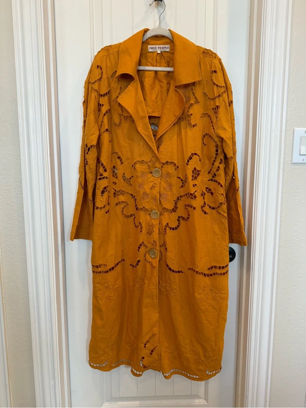 Free People Ochre Cutwork Long Trench Coat